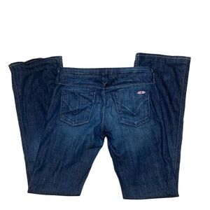 hudson low rise dark wash jeans with distressed bottom